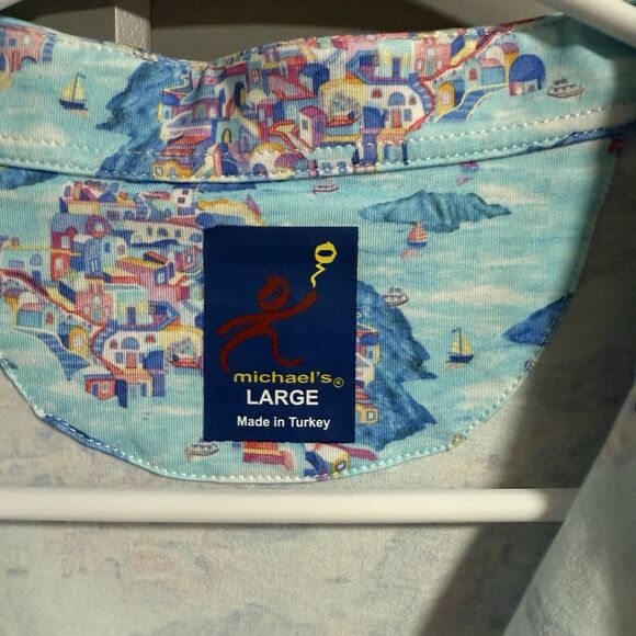 MICHAEL'S Men Stretch Cotton Spandex AOP Button Sport Shirt Large Camp Vacation - Picture 4 of 5